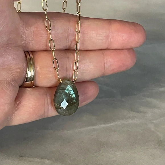 Floating Labradorite Gold Plated Paperclip Necklace - Picture 5 of 14